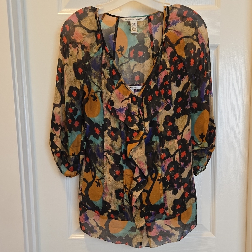 Diane Von Furstenberg Sheer Floral Blouse - Black, Tan, Oran, Teal, Purple, Pink